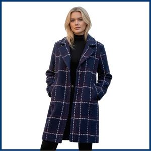 Halogen Women’s 3/4 Length Topper Coat. Navy Rust Plaid. Size S/M